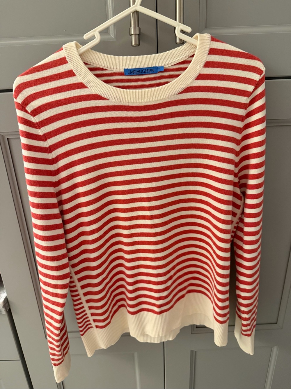 J. McLaughlin Red and Cream Striped Crewneck Sweater